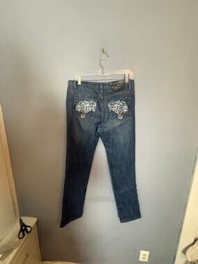 Ed Hardy Blue Distressed Sequin Pocket Denim Jeans Mens Size 30 Read